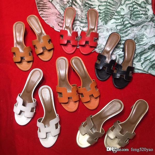 

classic medium heel slippers summer luxury woman beach big head slippers designer soft cowhide rough sandals 100% leather woman shoes 34-41, Black