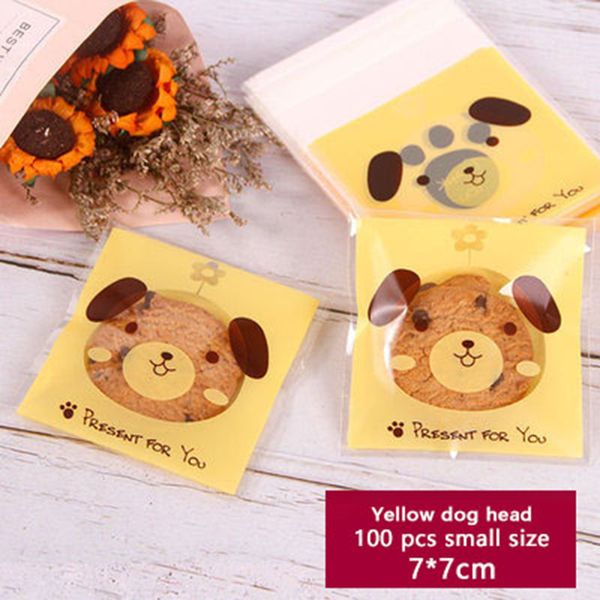 

100pcs cookies self adhesive soap biscuits package bag yellow bottom cartoon puppy head colorful wedding birthday party gift bag