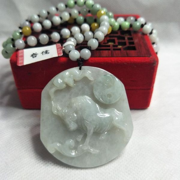 

zheru jewelryunique piece pure natural jadeite light green good luck cow pendant three-color jade bead necklace send certificate, Silver