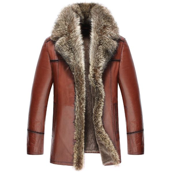 

genuine leather jacket winter jacket men natural wool fur liner sheepskin coat for men raccoon fur collar warm jackets 4xl y1715, Black