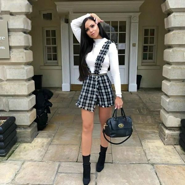 

designer vintage tweed plaid women short vest skirt casual highstreet party skirt spaghetti strap female mini skirt, Black