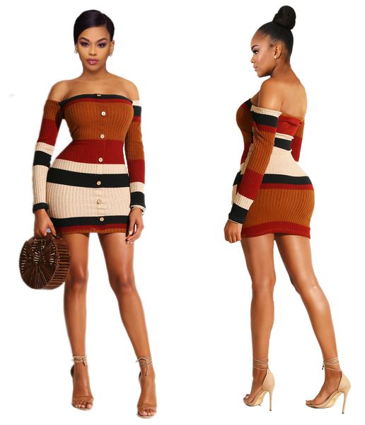 

women fashion long sleeve dress striped bodycon bandage printed slash neck ladies knitted mini dress, Black;gray