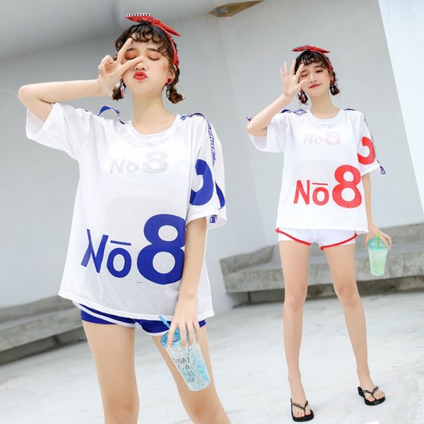 

2020 three-piece swimsuit swimming suit female spring split conservative sports wind boxer mesh swimsuit, White;black