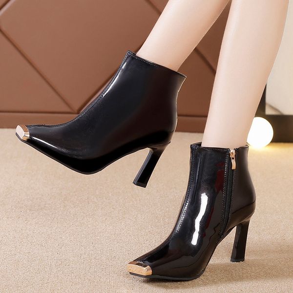 

autumn women's ankle boots black female zip pointed toe woman snakeskin stilettos plus size ladies suede female shoes#j30