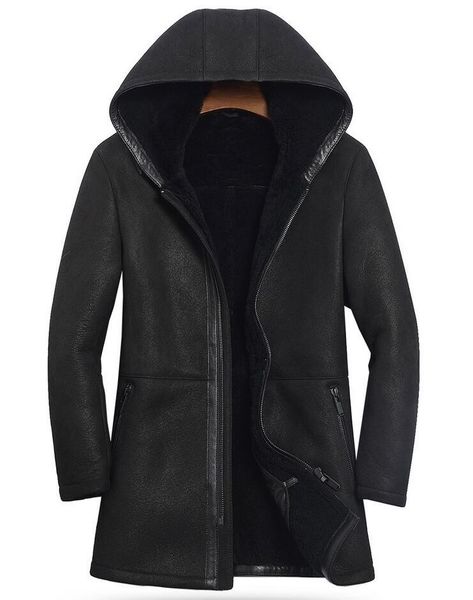 

2020 new mens thick genuine leather jackets fur one sheepskin male hooded leather jacket roll color black real coat