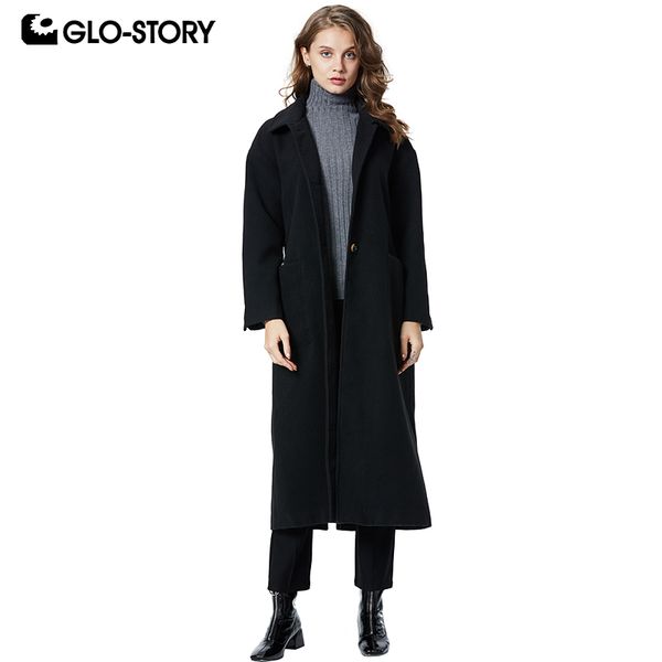 

glo-story women's 2019 fall winter minimalist style max blends coats turn-down collar elegant slim fit worsted wfy-9631, Black