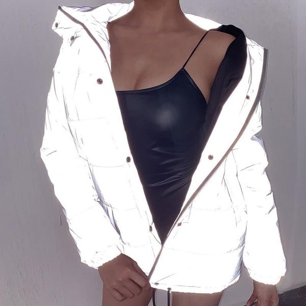 

winter reflective jacket women high collar long coats solid night glowing parka zipper reflective cotton jackets, Black
