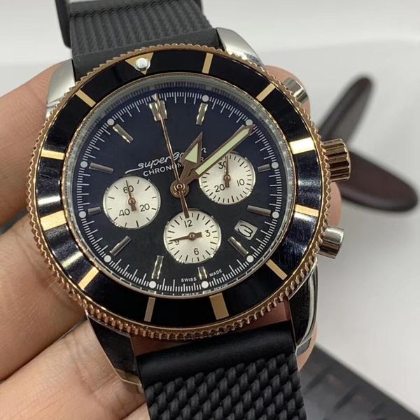 

new 47mm super-ocean luminous index mens watches quartz chronograph chronometer gold case watch stainless steel mesh bracelet wristwatches, Slivery;brown