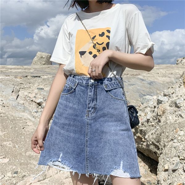 

s-xl summer denim skirts 2020 high waist a line jeans skirts korean style ripped mini womens (z5025, Black