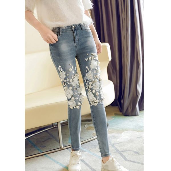 

plus size europe style jeans women diamond skinny boyfriend trousers female slim fashion sequins denim pencil pants, Blue
