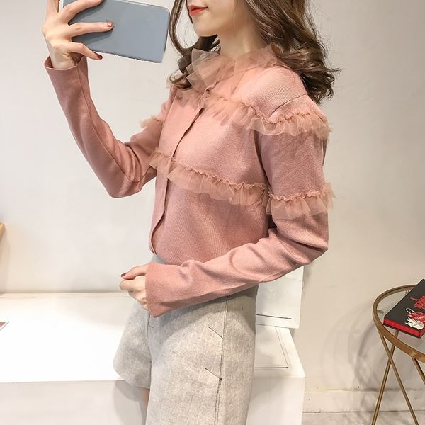

2018 autumn winter fashion streetwear sweet mesh ruffles patchwork cardigan women jumper pullover women's sweaters, White;black