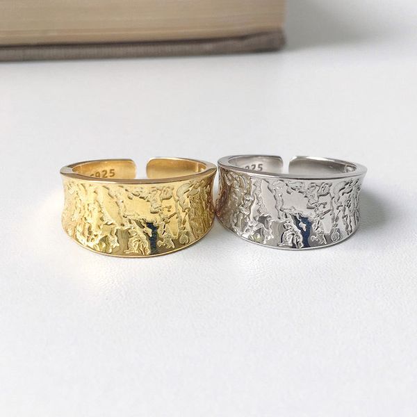 

silvology 925 sterling silver irregular texture wide rings minimalist temperament rings for women 925 korea jewelry, Golden;silver