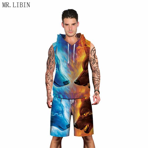

summer winter casual mens tracksuit set wolf 3d print hooded tank with beach shorts 2 piece sets moletom masculino men suit, Gray