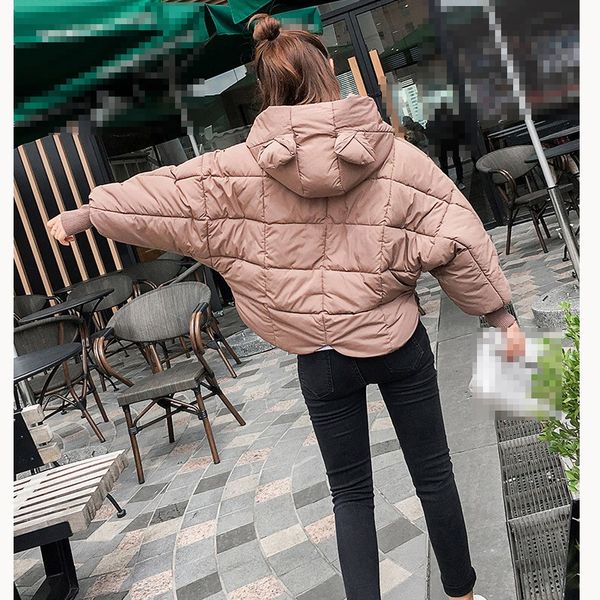

2018 new winter women short parka long sleeve thick ear hooded coats solid female snow wear warm coat outwear, Black