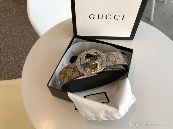 

fashion 4.0 cm width gold silver buckle canvas leather men belt with box belts women belts 1149841, Black;brown