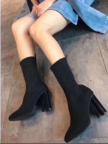 

[original box]luxury new womens ankle hlaf high heel 10cm sock-like booties ladies high aftergame quincunx heel fashion boots size 35-40, Black