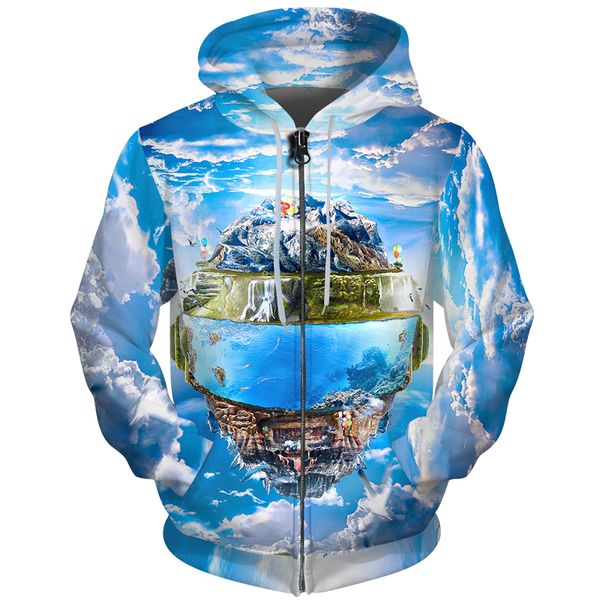 

cloudstyle 3d zip up hoodies men landscape reflection 3d print long sleeves hoody outwear sweatshirt streetwear plus size 5xl, Black