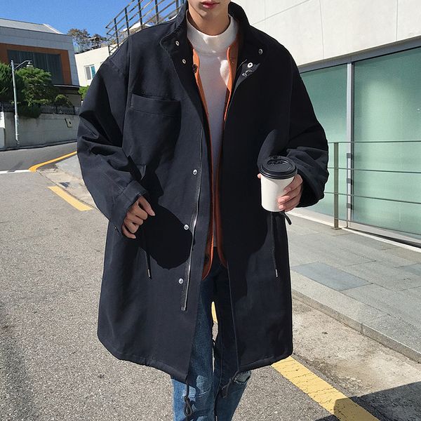 

2019 winter mens coat new hong wind style long collar windbreaker korean version loose handsome trend thick section black, Tan;black