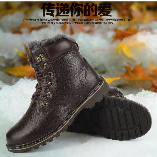 

large size 36-58 natural genuine leather men winter plush boots handmade warm men shoes fur boots outdoor snow fur, Black