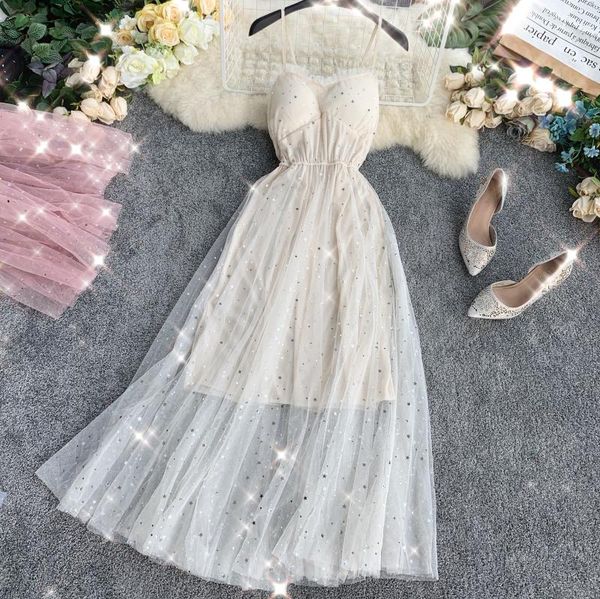 

summer women's sequins v neck chest cushion waist bling gauze fairy dress female sling ruffles mesh a-line dresses long party, Black;gray