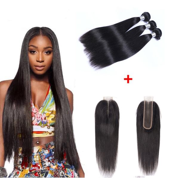 Capelli umani lisci brasiliani tesse 3 pacchi con chiusura in pizzo Kardashian 2x6 doppia trama tingibile candeggina 100 g/pz