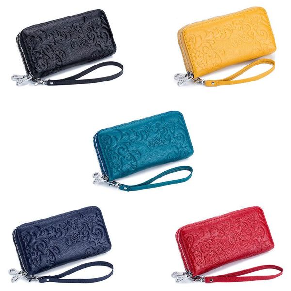 

stylish women pu leather long wallet flower embossed card money holder wristlet purse lady casual handbag zipper phone pouch bag, Red;black