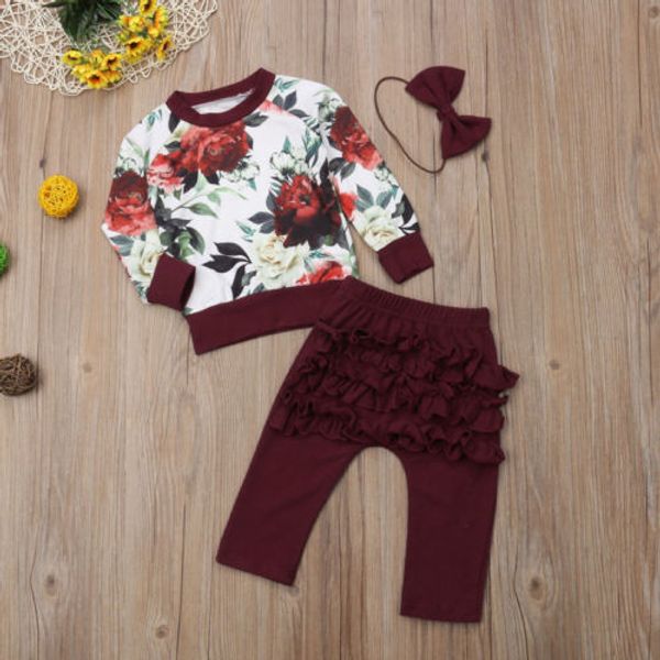 

newborn baby girls clothes winter outfits clothes flower +ruffle pants 3pcs set, White