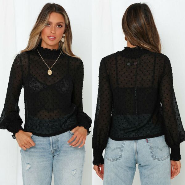 

2020 mesh blouses women spring long lantern sleeve sheer mesh transparent polka dot club office lady see through shirts, White