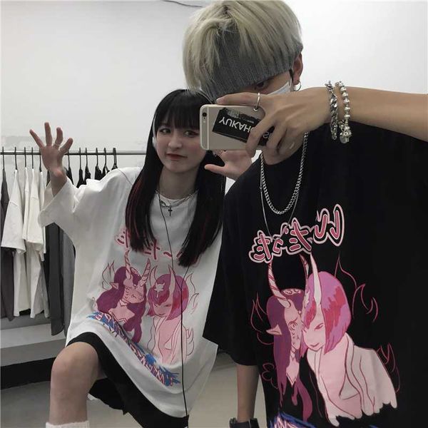 

demon elf anime printed t-shirts designer original couple clothes summer tees for mens oversized streetwear funny t shirts, White;black
