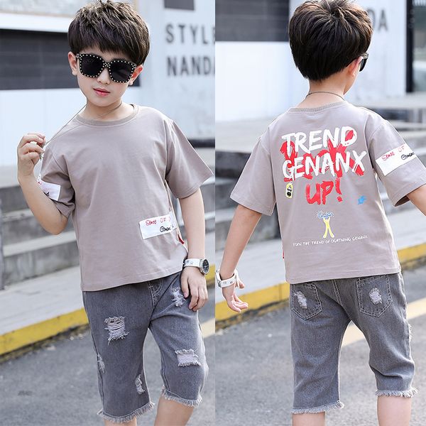

baby boy girl clothes cartoon printing short sleeve t-shirt jeans fashion sports two-piece suit child quality clothing, White