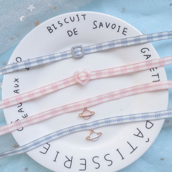 

korean pink plaid fabric choker necklace for women girls sweet cute heart bowknot clavicle collares neck jewelry gifts fs20, Golden;silver