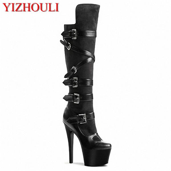 

2018 clubbing high heels women motorcycle boots 17-15cm high heels boots black knee