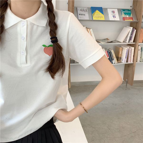 

embroidery peach graphic button turndown short sleeve t-shirt pink white korean lolita sweet tshirt cute harajuku sweet top