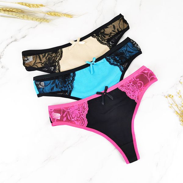 

dkert 3pcs/pack thongs women underwear lace cotton g strings seamless briefs panties female lingerie breathable, Black;pink
