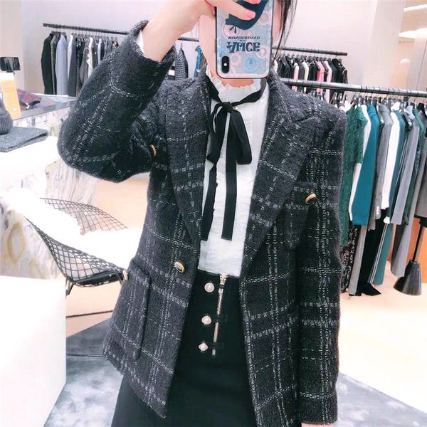 

women's plaid blazer coat tweed new small fragrance elegant single buckle office lady jacket with pockets, White;black