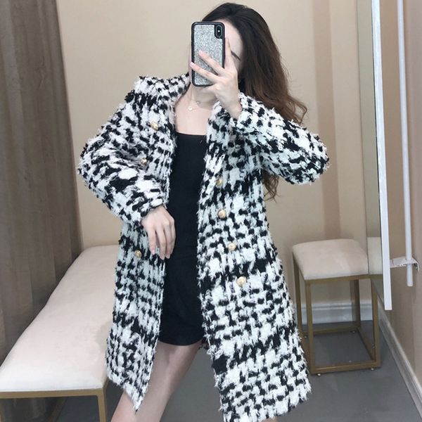 

ewq] plaid long sleeve double-breasted loose woman woolen coat casual simple fashion 2019 autumn winter jacket new tv213, Black