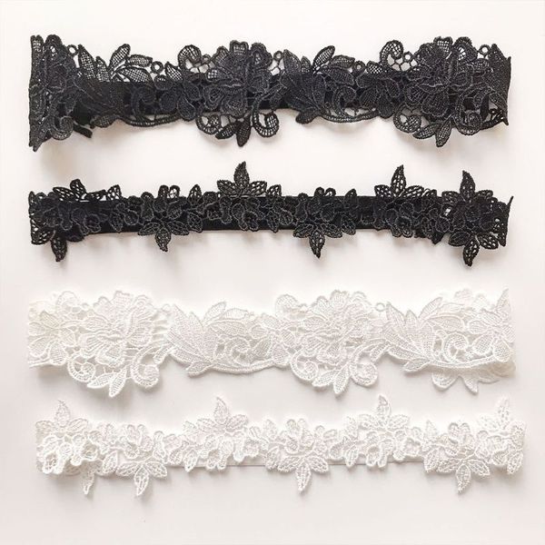 

2pcs/set women wedding bridal leg garters solid color black/white lace flower hollow out embroidered stretchy thigh rings rubber