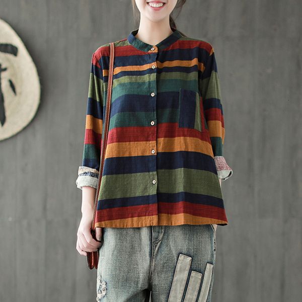 

womens blouse women striped women shirts casual cotton linen blouses 2019 autumn sweet stand long sleeve button women shirts, White