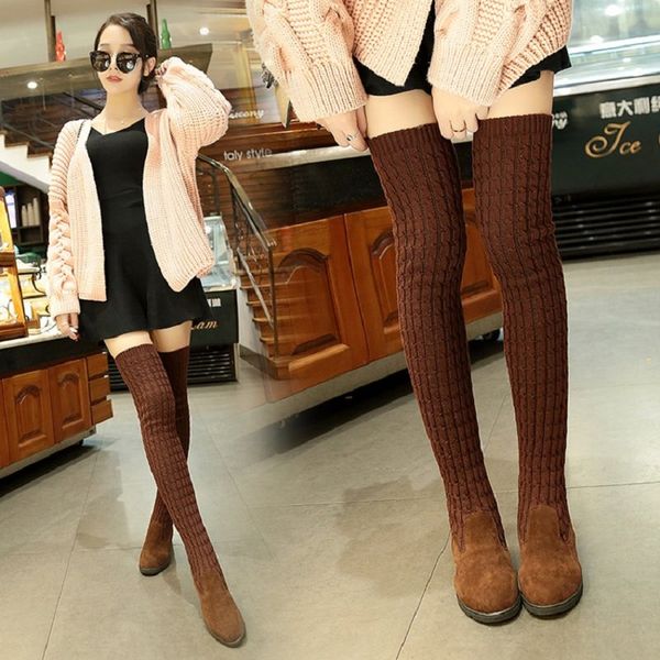 

aleafalling women snow boots motorcycle knee high tube women knitting winter boots outdoor girl's party lady's shoes, Black