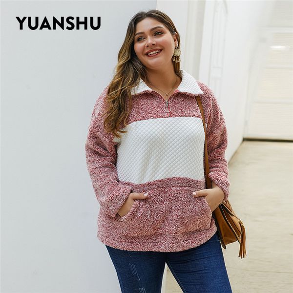 

yuanshu plus size pullover coat women patchwork zipper plush long sleeve xl-4xl large size female outwear, Black;brown