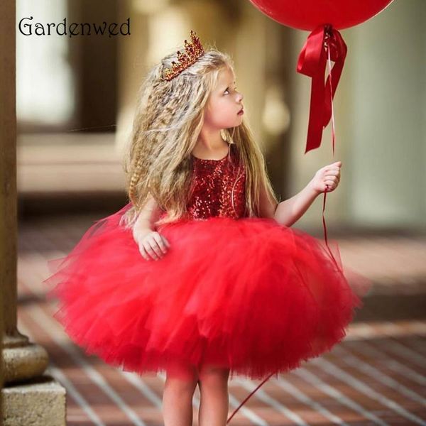 

gardenwed 2020 cute glitter red princess wedding dress organza baby layers flower girl dresses backless sleeveless puffy pageant, Red;yellow