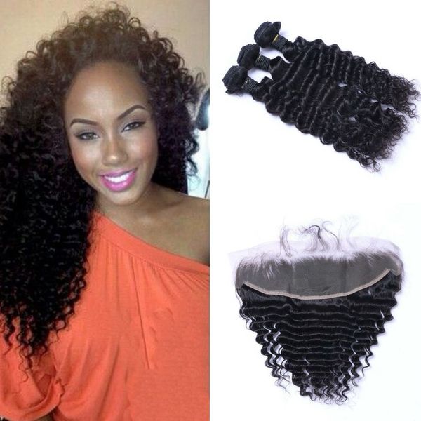 

deep wave bundle с фронтальная natural black малазийский human double hair уток 3 связки с кружевом фронтальным закрытие, Black;brown