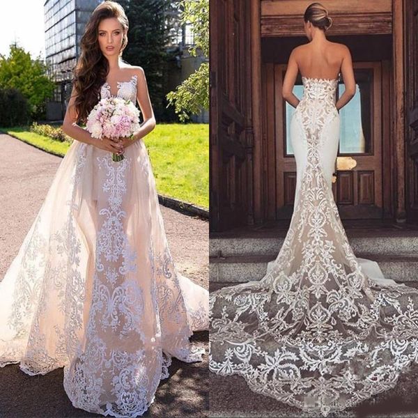 

lace mermaid wedding dress elegant detachable train backless bohemian bridal gown plus size custom made, White