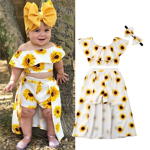 

fashion kids baby girl sunflower print summer sets ruffle off shoulder crop long skirts bow headband 3pcs outfits 1-6y, White
