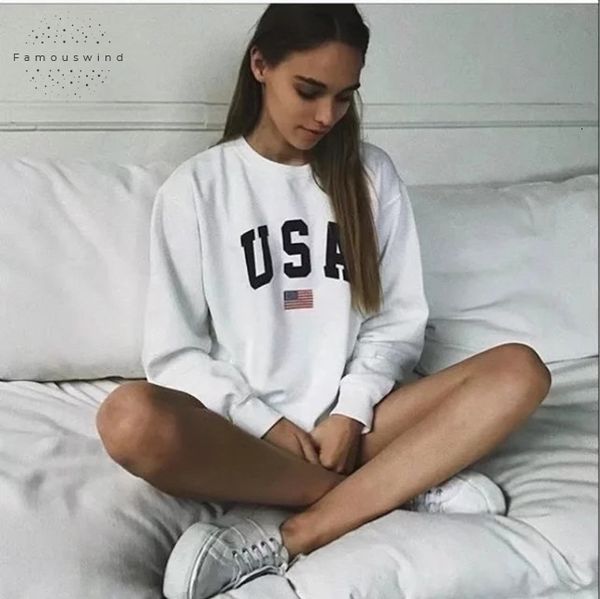 

womens letter usa long sleeve o neck hoodie hoodies printed sweatshirt jumper pullover autumn winter femme loose white, Black