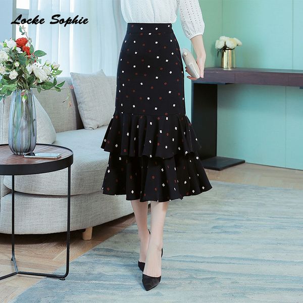 

1pcs hight waist skirts women's pencil skirts 2019 summer chiffon prints splicing ruffles black cake skirt ladies casual