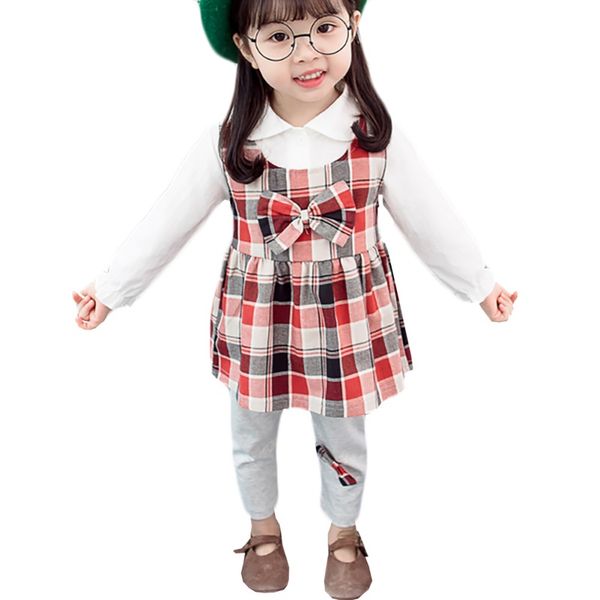 

kids baby girls clothes cute long sleeve blouse + plaid dress+ pants leggings 3pcs outfits sets, White