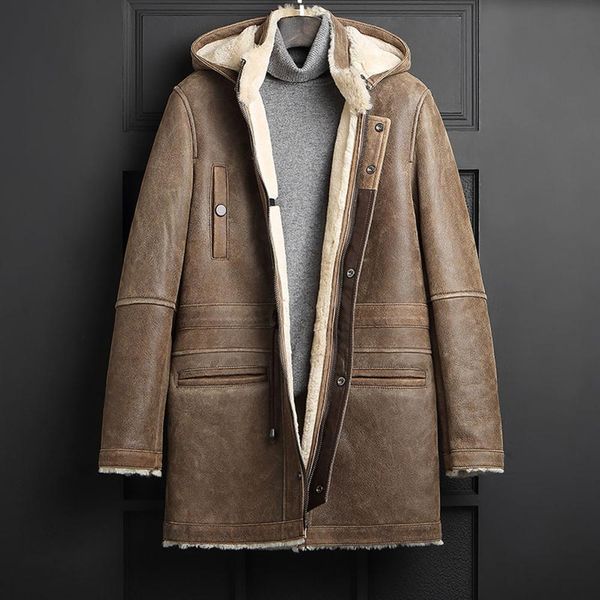 

men's shearling jacket coat men's long coat winter warm jacket, Black