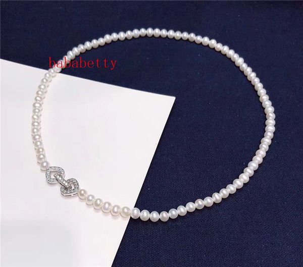 

new fashion simple natural freshwater pearl 6-7mm near round 6-7mm glare pearl necklace inlay zircon heart clasp, Silver