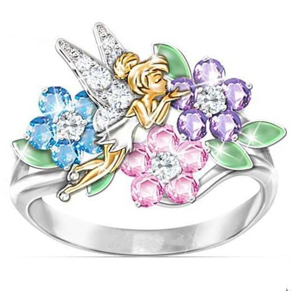 

new creative color fantasy flower fairy angel ring ladies fashion jewelry, Silver